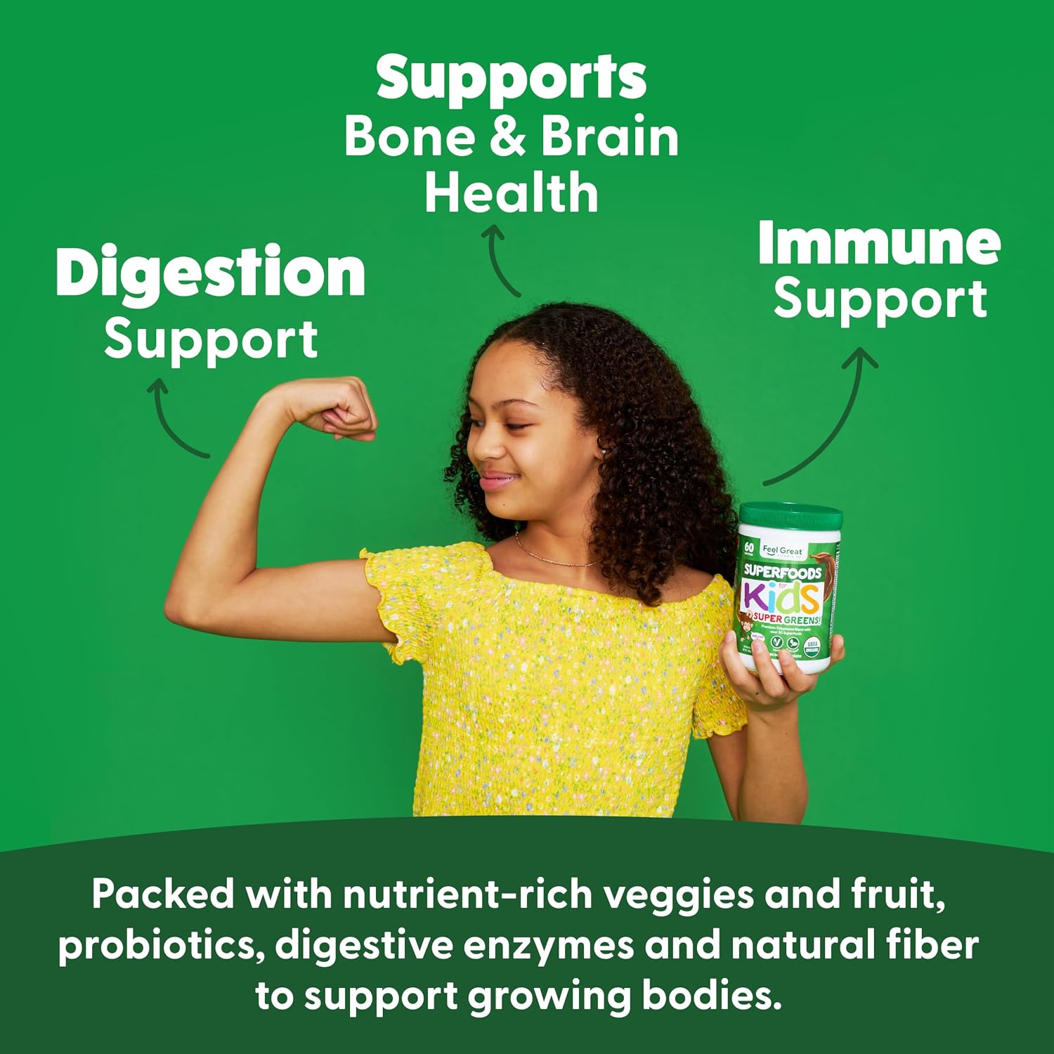 Feel Great Super Greens en Polvo Orgánico USDA para Niños, Sabor Chocolate, Suplemento de Frutas y Verduras con Probióticos y Enzimas Digestivas, 60 Días