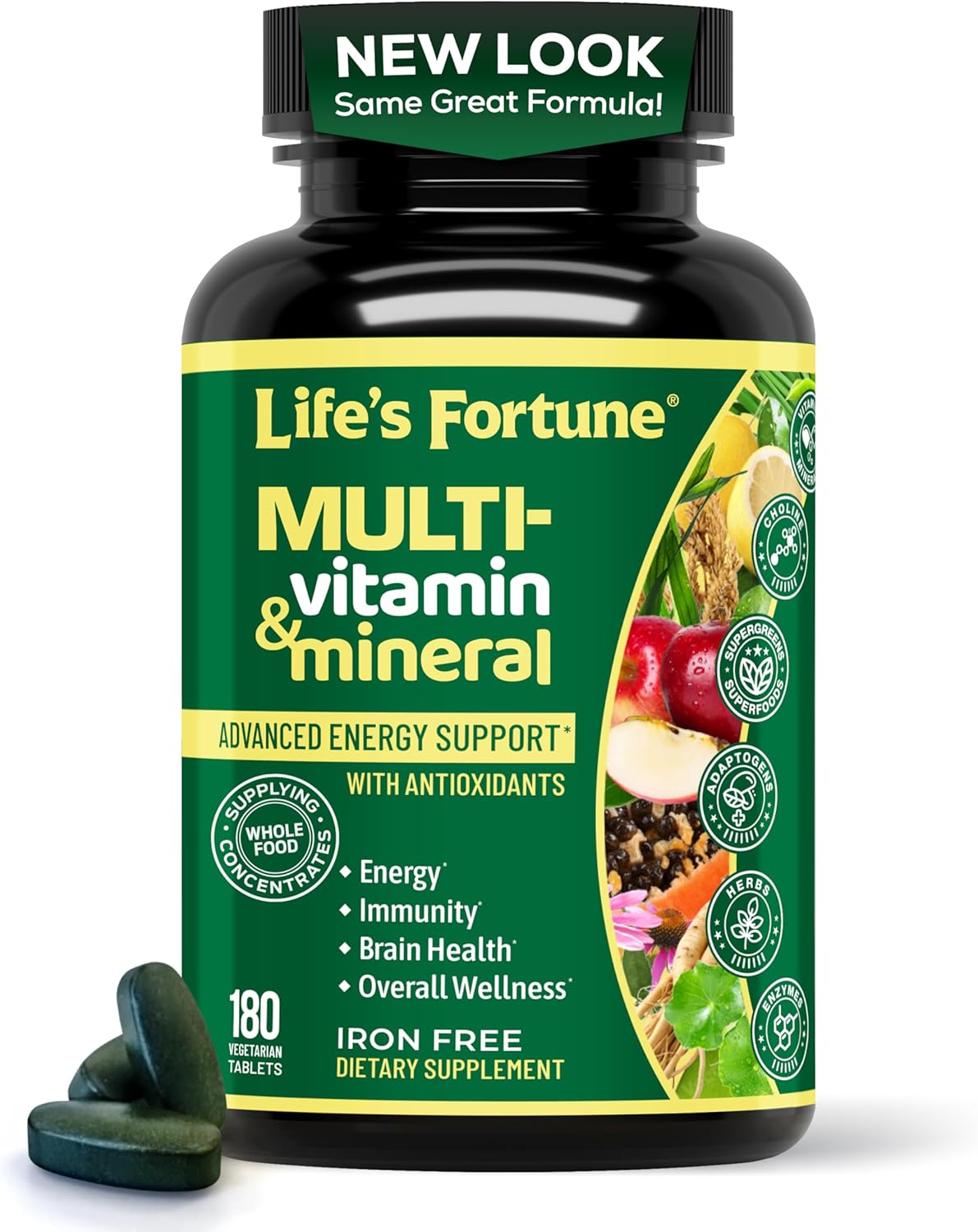 Life's Fortune Multivitamínico Completo de Alimentos Integrales para Hombres y Mujeres - Apoyo Energético, Inmunidad y Metabolismo - Sin Hierro, 180 Comprimidos Vegetarianos