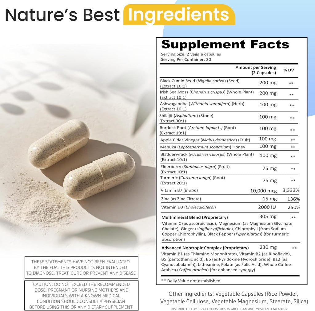 Siraj 18-en-1 Multivitamínico Superfood - Irish Sea Moss, Aceite de Semilla Negra, Shilajit, Ashwagandha - 60 Cápsulas