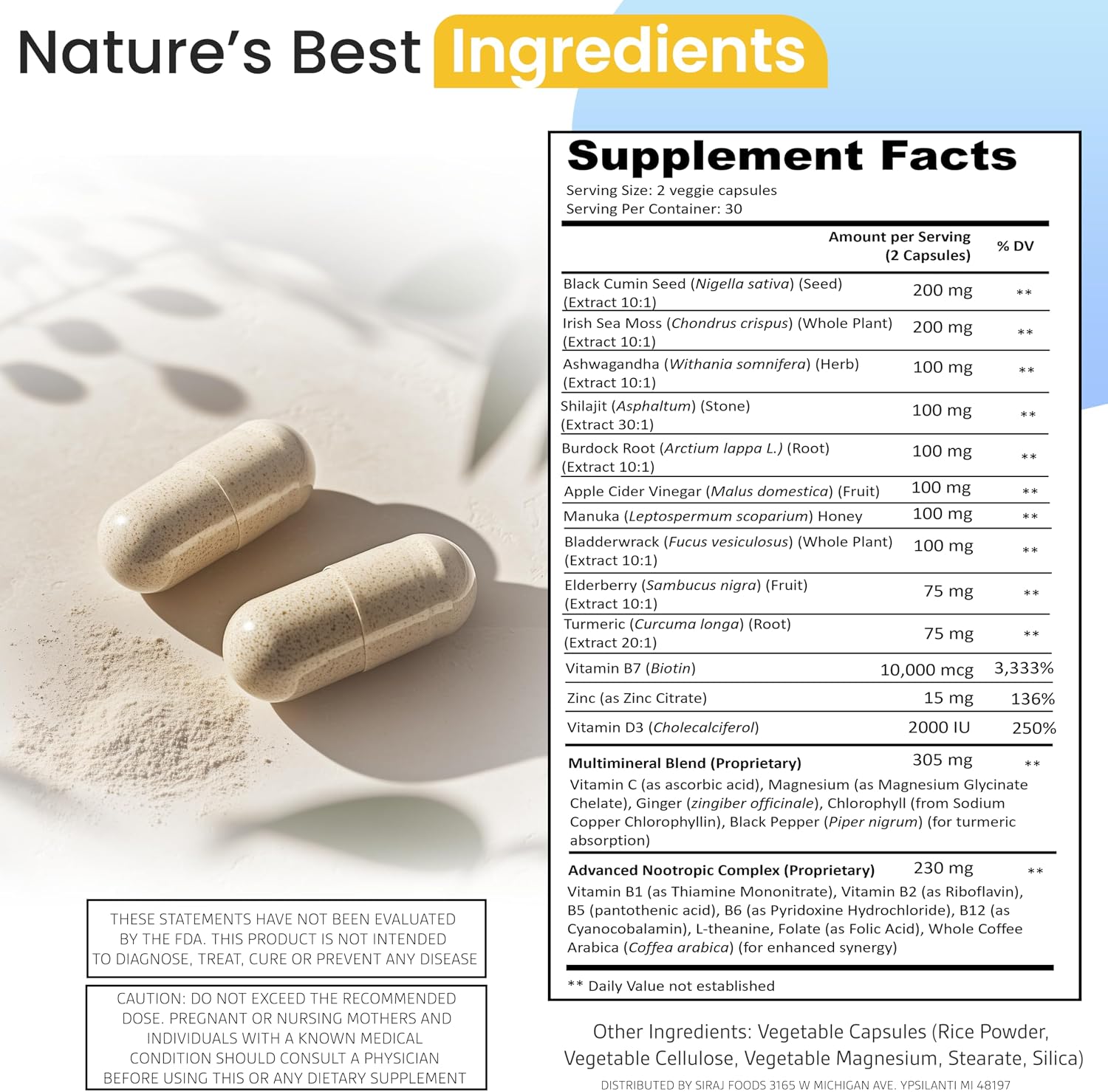 Siraj 18-en-1 Multivitamínico Superfood - Irish Sea Moss, Aceite de Semilla Negra, Shilajit, Ashwagandha - 60 Cápsulas