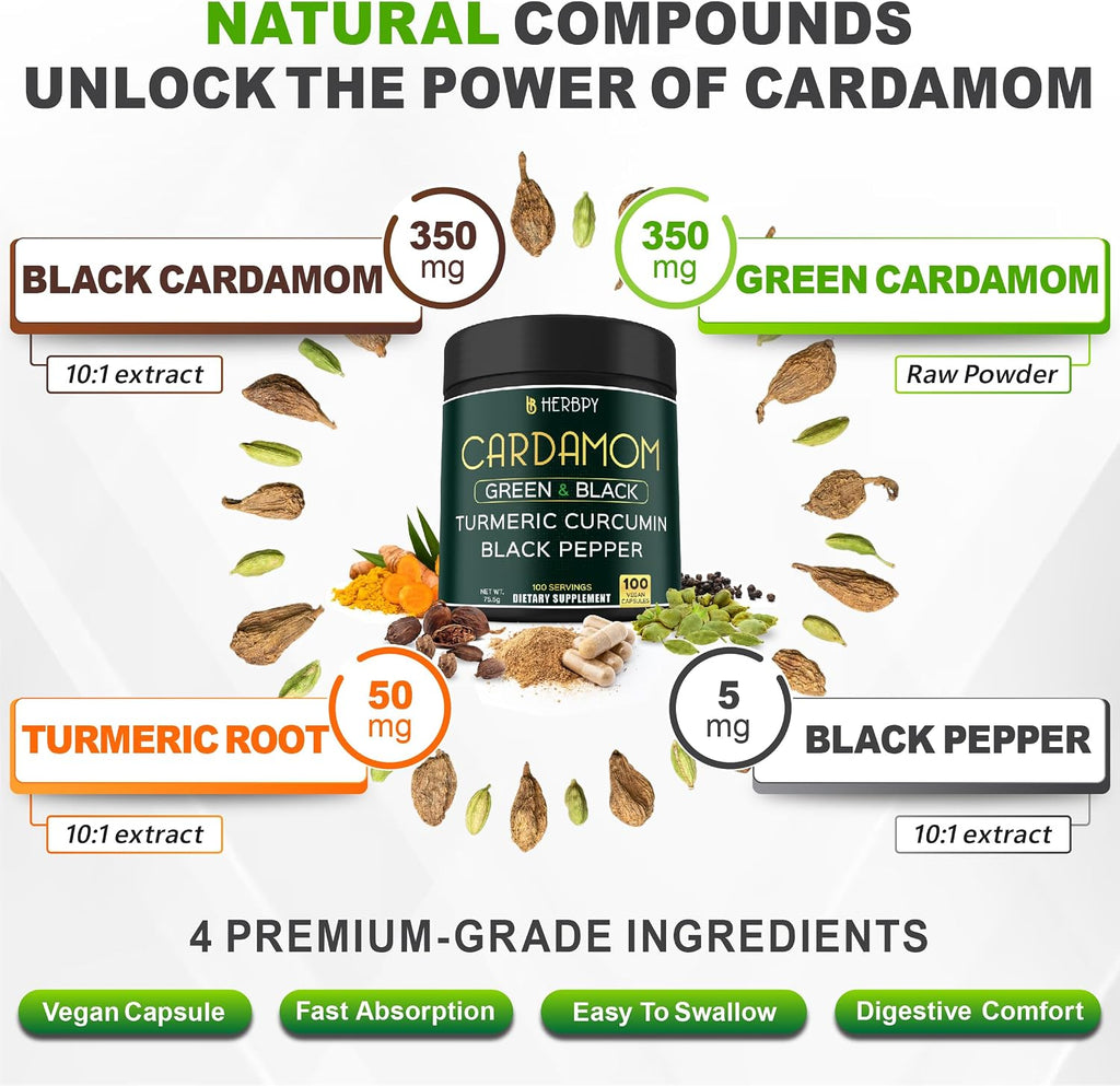 Herbpy Suplemento de Cardamomo 4en1 – Semillas de Cardamomo Verde y Negro con Cúrcuma y Pimienta Negra – Salud Digestiva – 100 Cápsulas Veganas