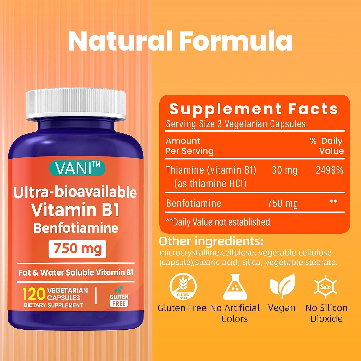 VANI Benfotiamina 750 mg con B1, Vitamina B1 Liposoluble e Hidrosoluble – 120 Cápsulas