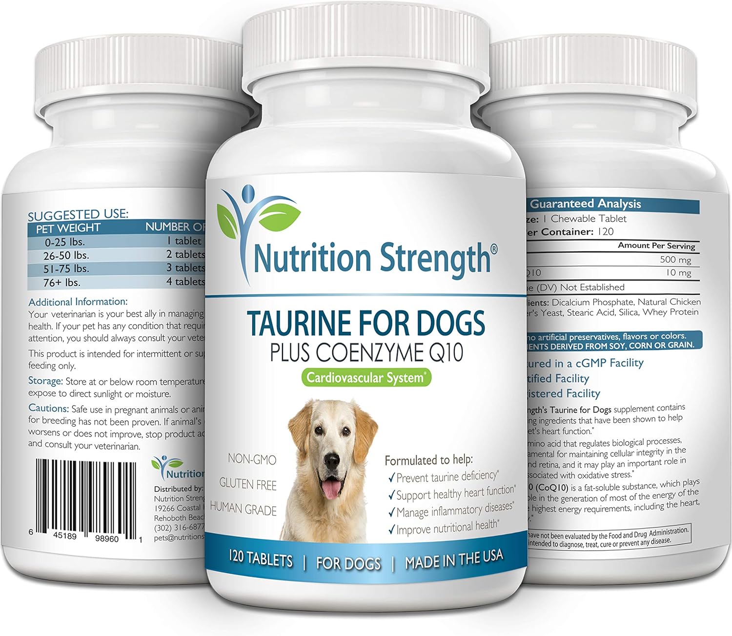 Nutrition Strength Taurina para Perros con Coenzima Q10 - Apoyo Cardíaco - 120 Comprimidos Masticables