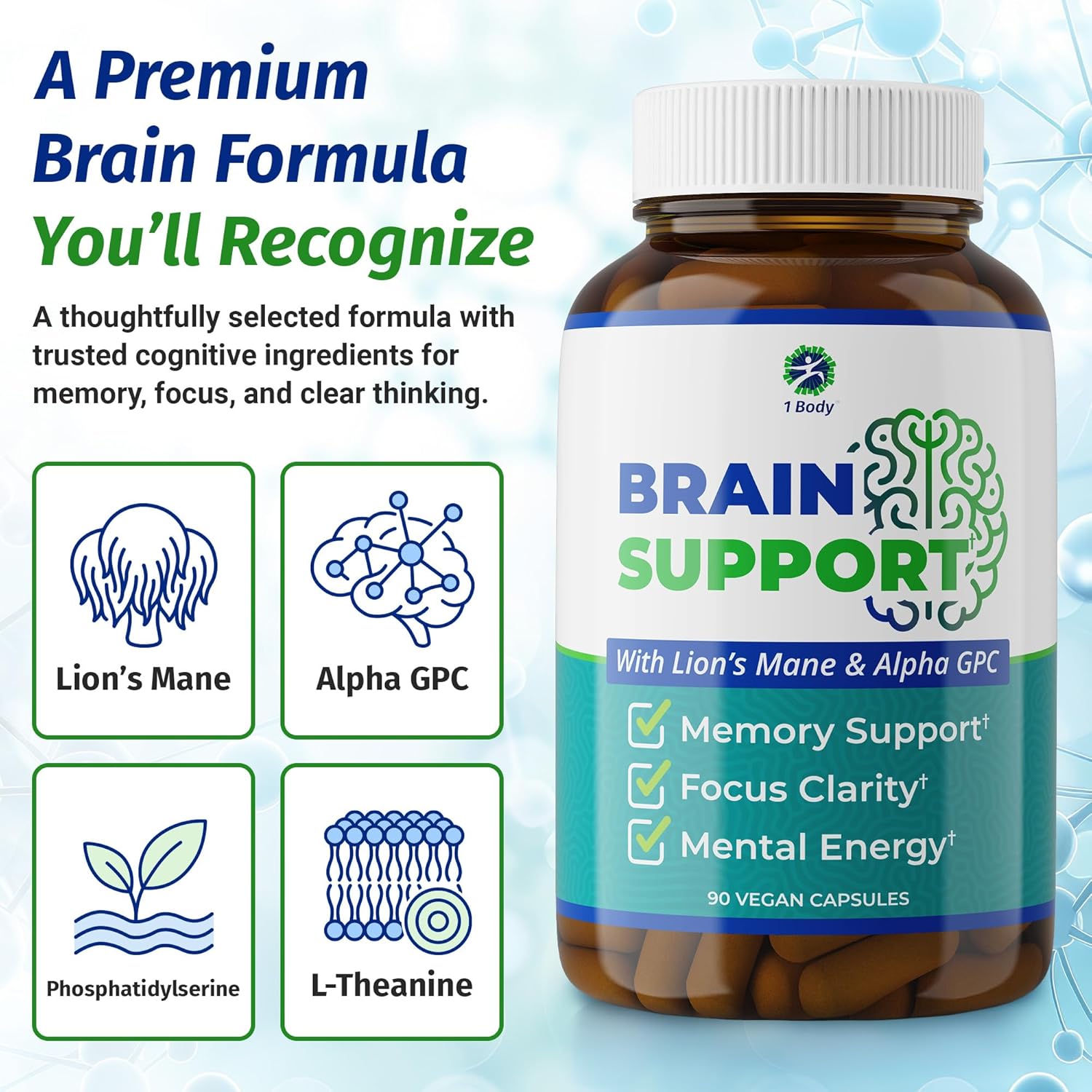 1 Suplemento Cerebral – Nootrópico con Alpha GPC, Ginkgo y Bacopa – 90 Cápsulas Veganas – Para Memoria y Concentración