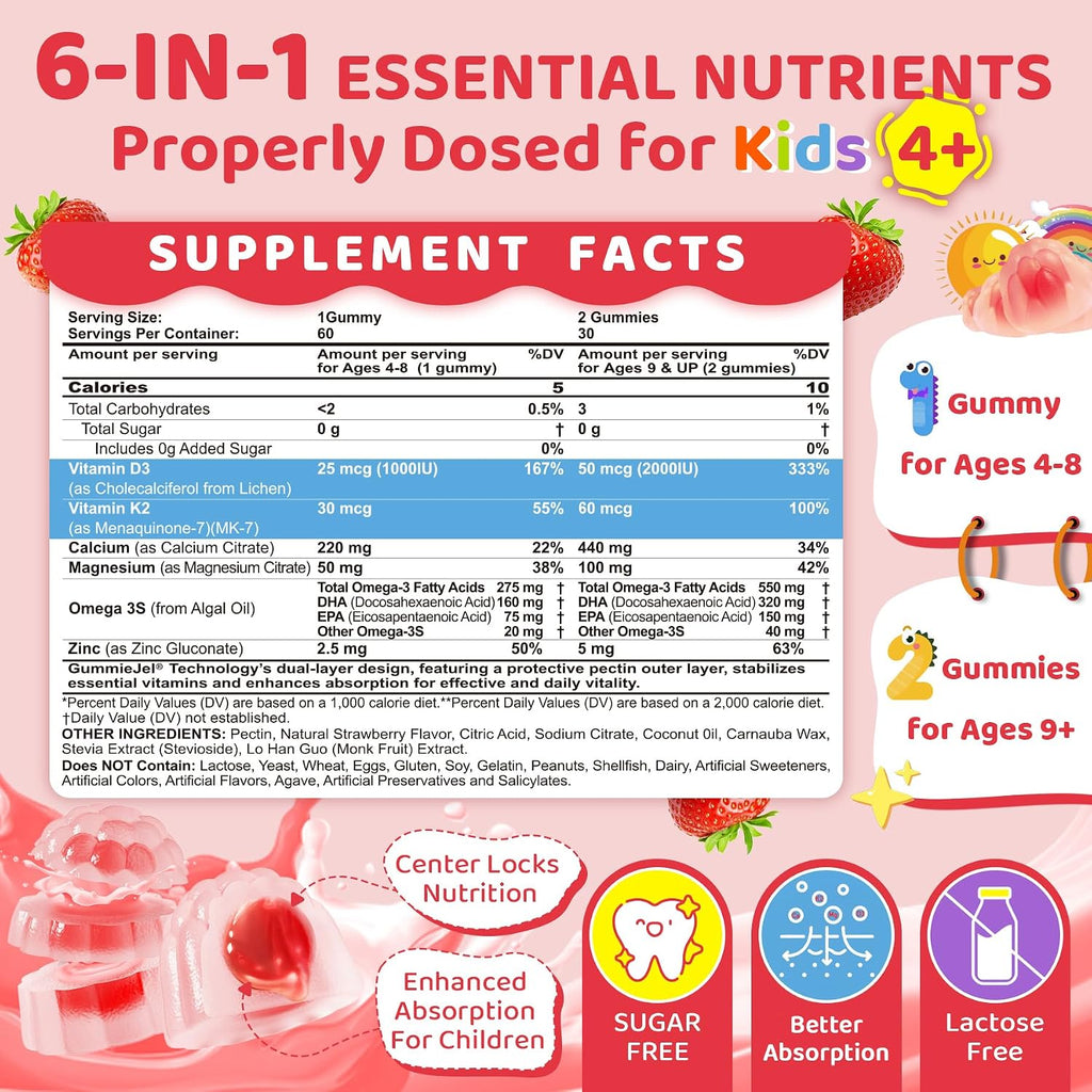 Gominolas líquidas de vitamina D3, K2 y calcio para niños y adolescentes, 1000 UI / 2000 UI D3 con magnesio, omega-3 de algas, vitaminas para huesos y dientes, absorción de calcio, cerebro e inmunidad, sin azúcar, pack de 2