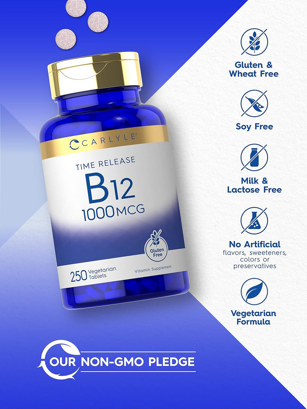 Carlyle Vitamina B12 1000 mcg | 250 Comprimidos | Liberación Prolongada | Cianocobalamina | Vegetariano, No GMO y Sin Gluten