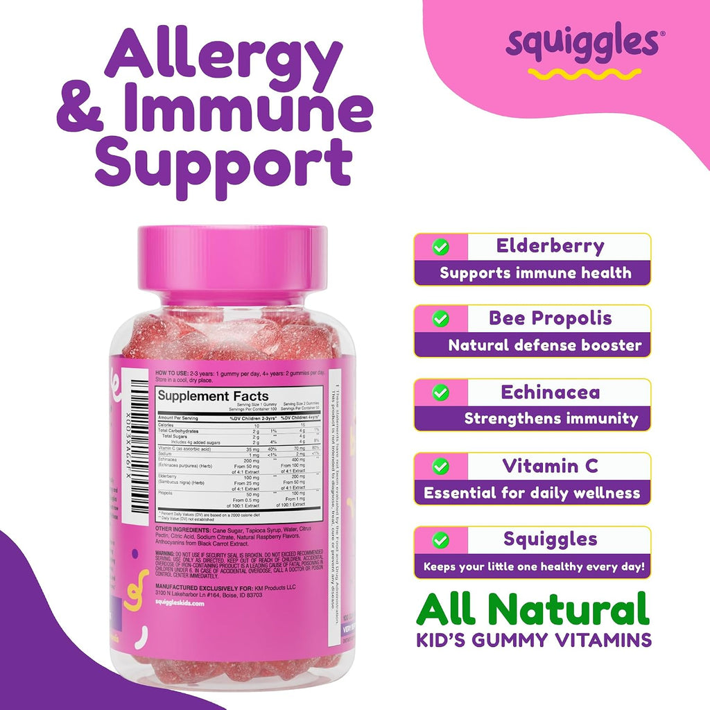 Squiggles Sniffle Berries Gomitas de Saúco, Propóleo y Equinácea para Niños - 100 uds