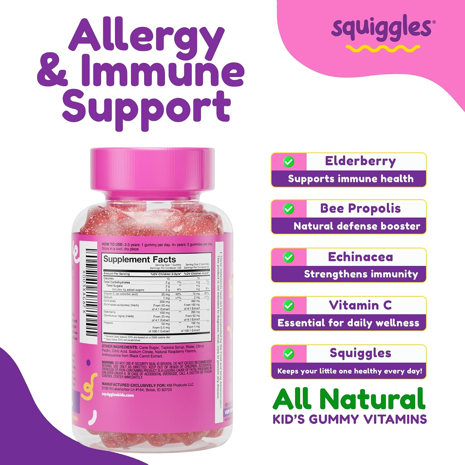 Squiggles Sniffle Berries Gomitas de Saúco, Propóleo y Equinácea para Niños - 100 uds