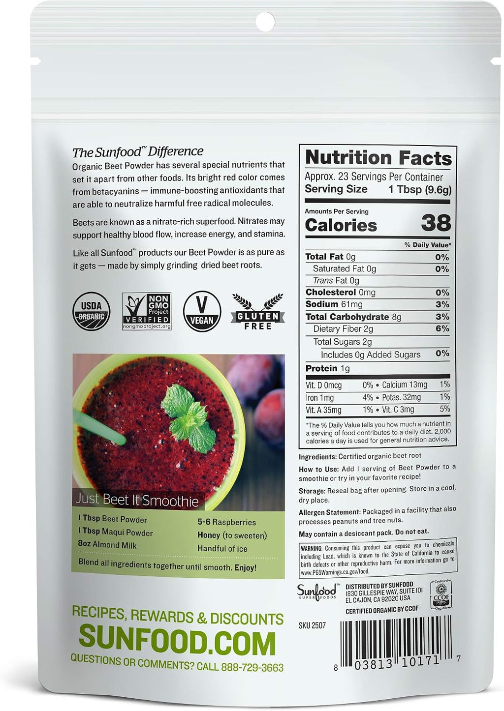 Sunfood Superfoods Polvo de Remolacha Orgánica - 227 g