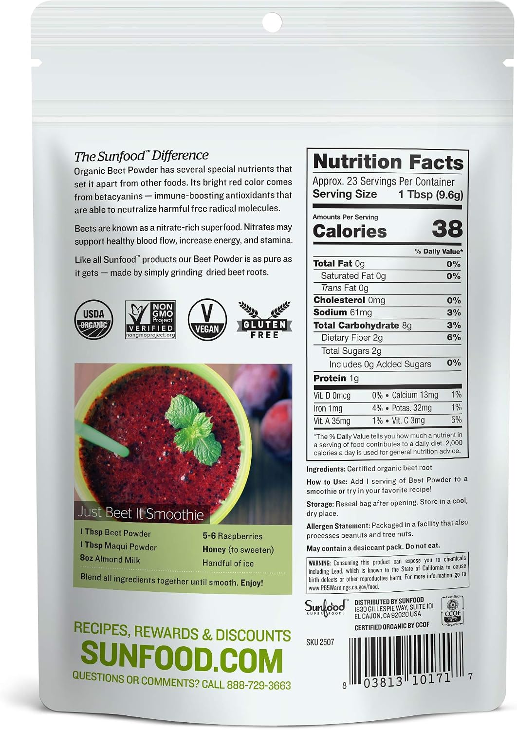 Sunfood Superfoods Polvo de Remolacha Orgánica - 227 g