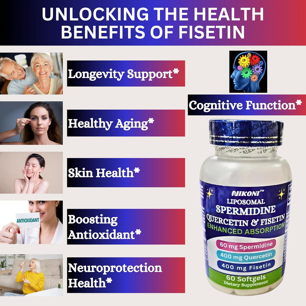 Nikoni Liposomal Spermidina, Quercetina, Fisetina 860mg - Apoyo al Envejecimiento Saludable, Renovación Celular, Función Cognitiva - 60 Cápsulas Blandas