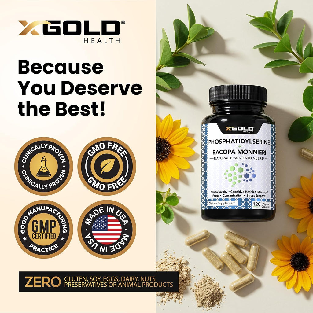 X Gold Health Phosphatidylserine y Bacopa Monnieri 800 mg | Suplemento Nootrópico para el Enfoque y la Memoria | 120 Cápsulas Vegetales