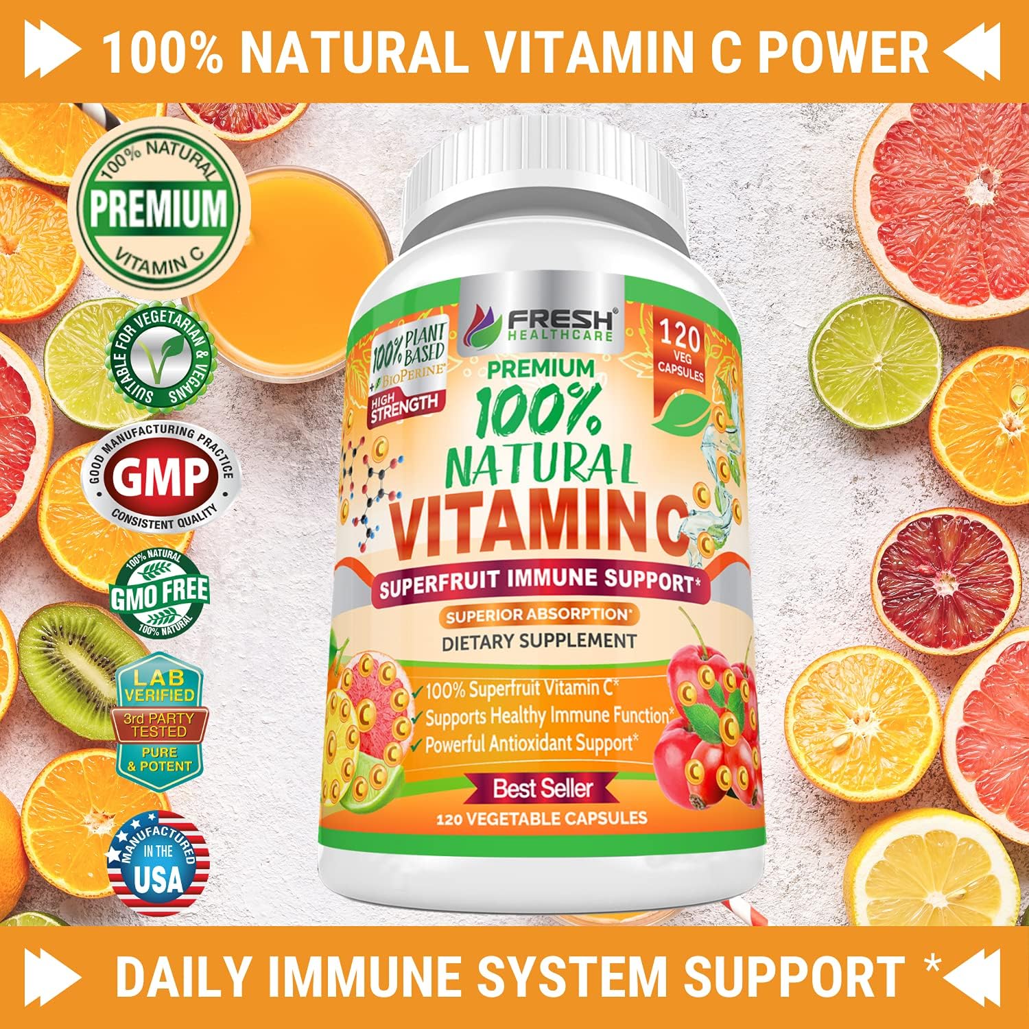 Fresh Healthcare Vitamina C 500mg Natural – 120 Cápsulas Veganas