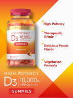 Carlyle Vitamina D3 10000 IU Gomitas para Adultos - Sabor Melocotón - 80 Gomitas - Vegetariano, No-GMO, Sin Gluten