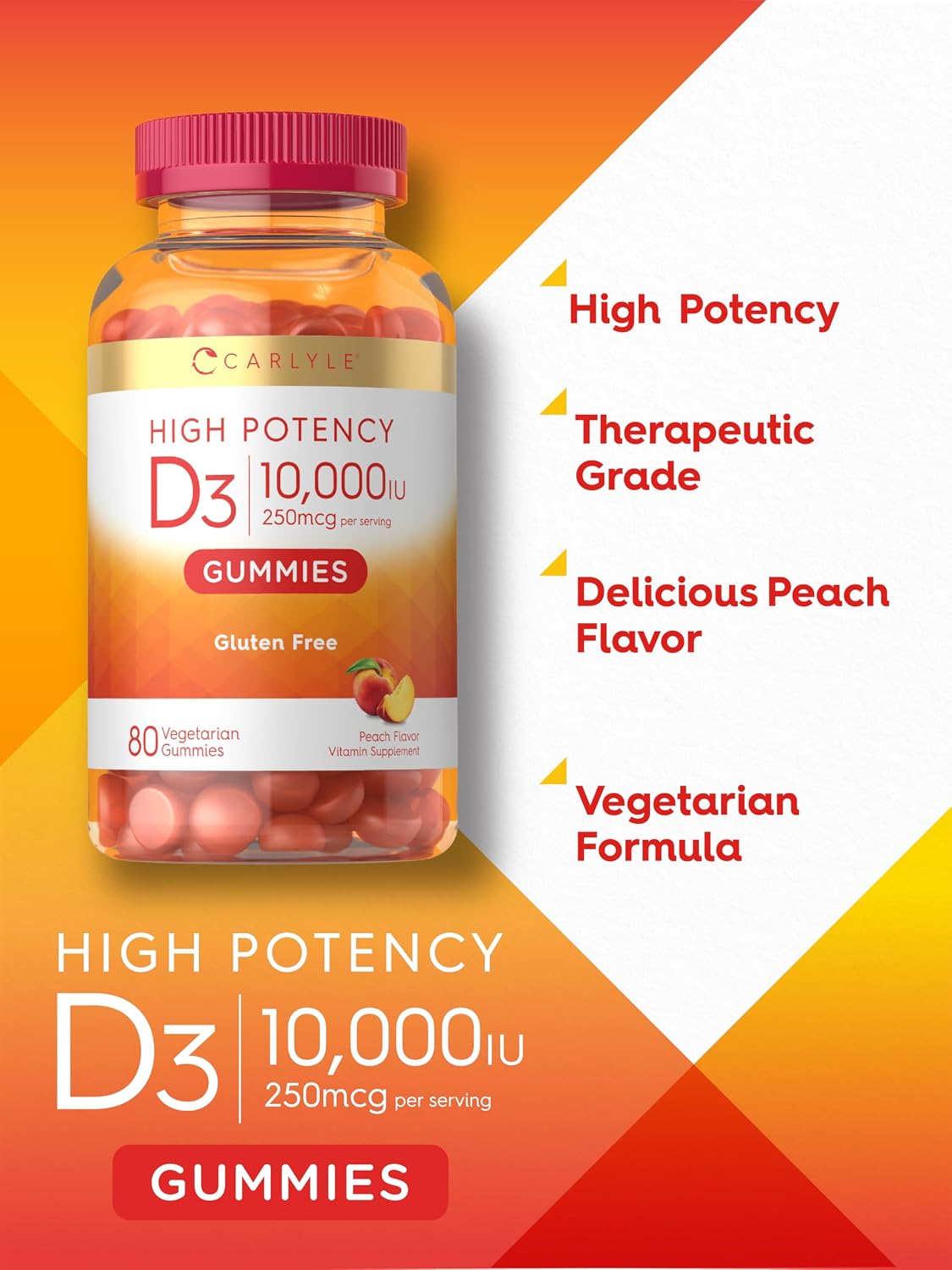 Carlyle Vitamina D3 10000 IU Gomitas para Adultos - Sabor Melocotón - 80 Gomitas - Vegetariano, No-GMO, Sin Gluten