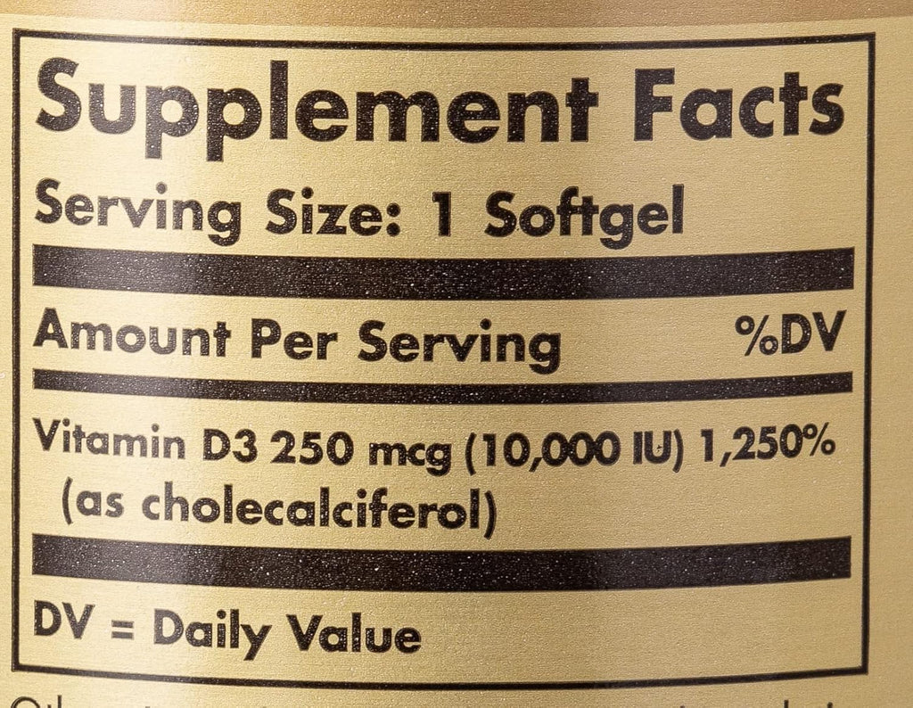 Solgar Vitamina D3 (Colecalciferol) 250 mcg (10.000 UI), 120 Cápsulas Blandas