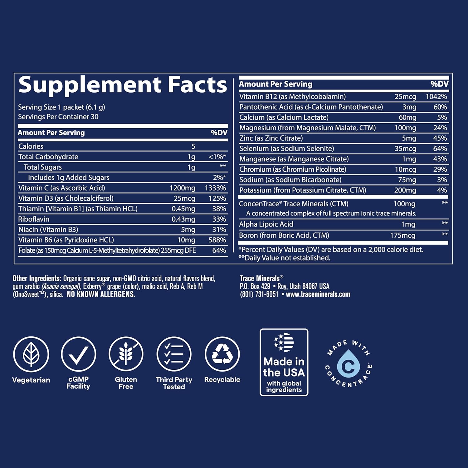 Trace Minerals Power Pak Electrolyte Powder with Vitamin C and Zinc - 30 Packets
