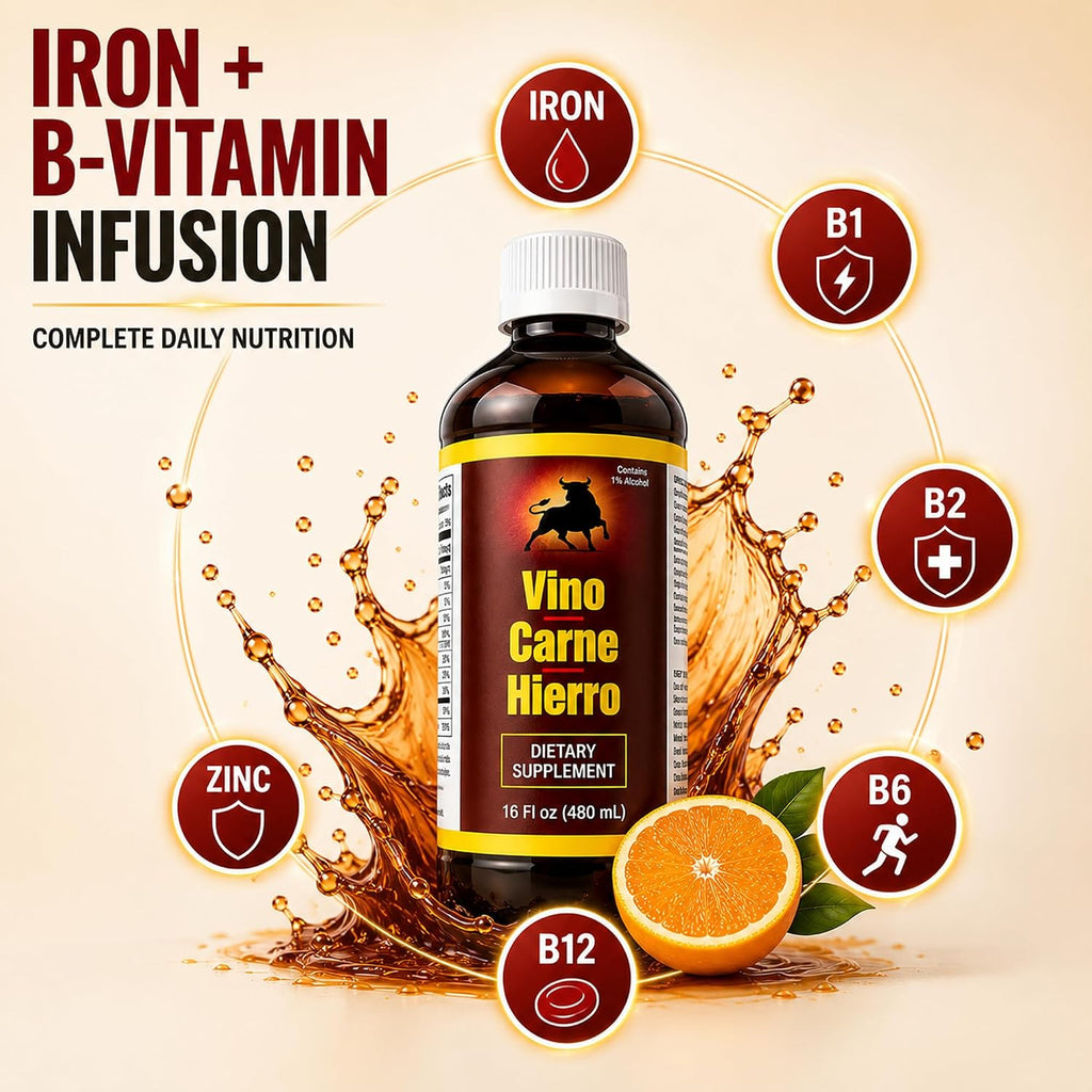Menper Vino Carne Hierro Suplemento de Hierro Líquido con Vitaminas para Energía y Vitalidad, 473 ml