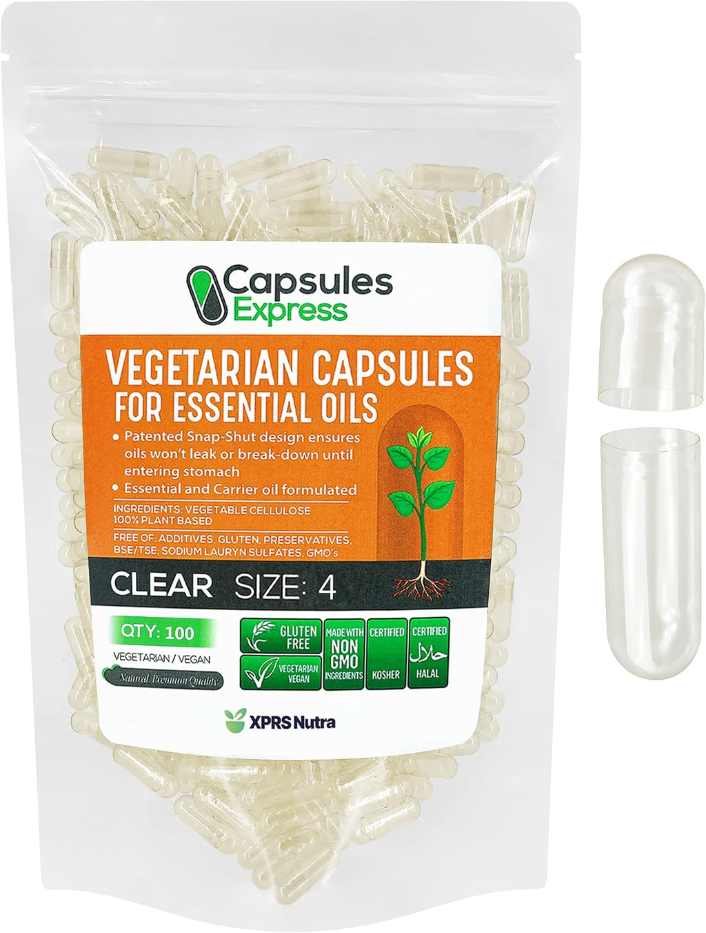 XPRS Nutra Cápsulas Vacías Veganas Tamaño 4 - 100 uds - Cápsulas Vegetales Transparentes para Aceites Esenciales y Suplementos en Polvo
