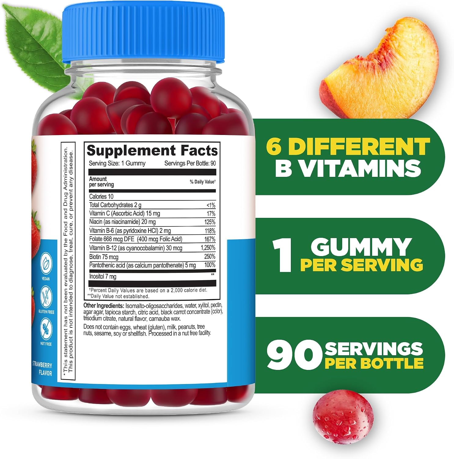 Lifeable Gomitas de Complejo B Sin Azúcar con Vitamina C - 90 Gomitas Sabor Fresa