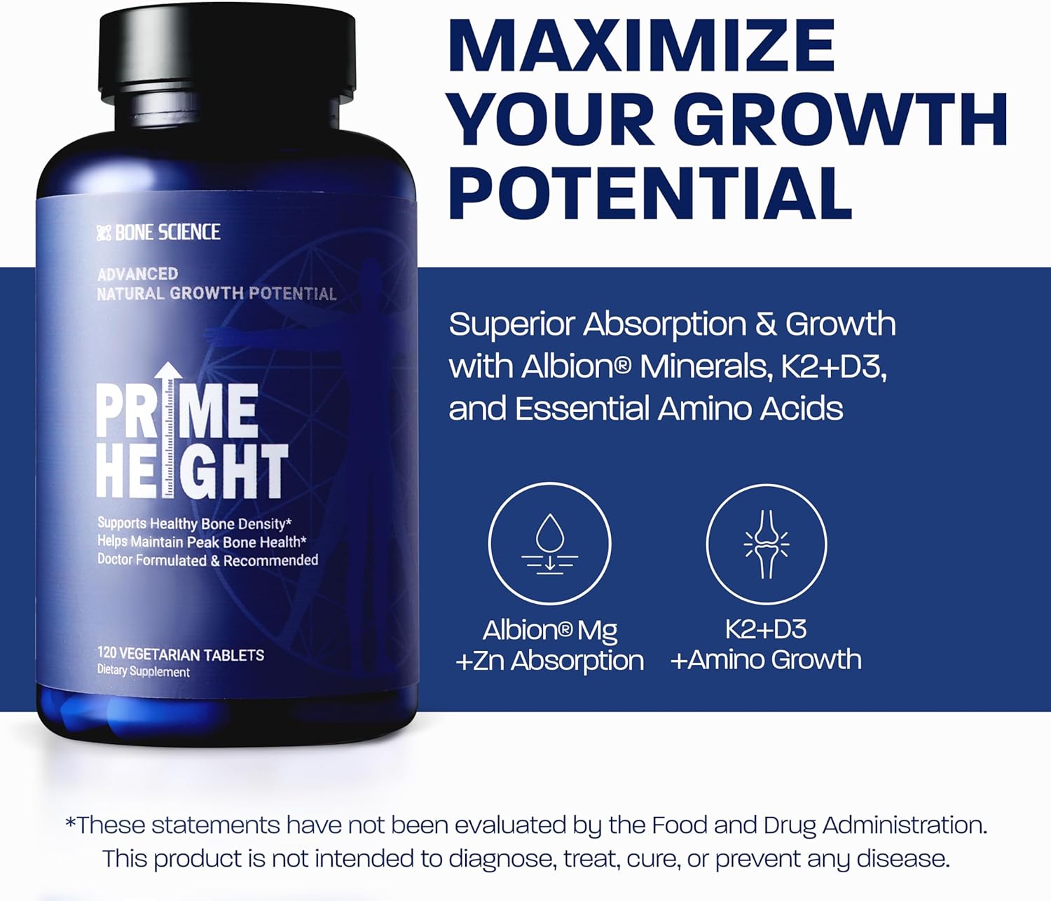 BONE SCIENCE Primeheight Apoyo Óseo y Crecimiento con Calcio, Vitamina D3, K2, Magnesio, Zinc - Fórmula Vegana, No OGM, 120 Comprimidos