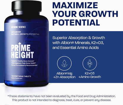BONE SCIENCE Primeheight Apoyo Óseo y Crecimiento con Calcio, Vitamina D3, K2, Magnesio, Zinc - Fórmula Vegana, No OGM, 120 – Image 2
