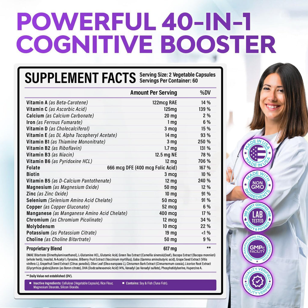 40-en-1 Brain Booster – Complemento Nootrópico para Memoria y Enfoque, 120 Cápsulas