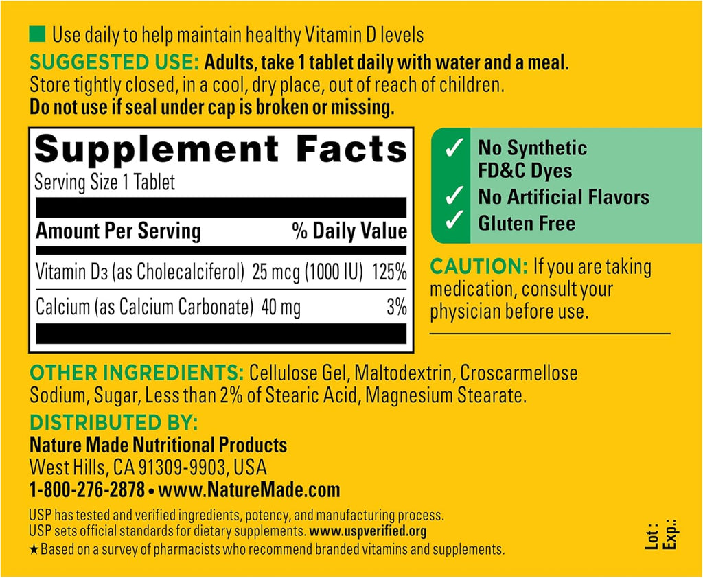 Nature Made Vitamina D3 1000 UI (25 mcg) - 300 Comprimidos