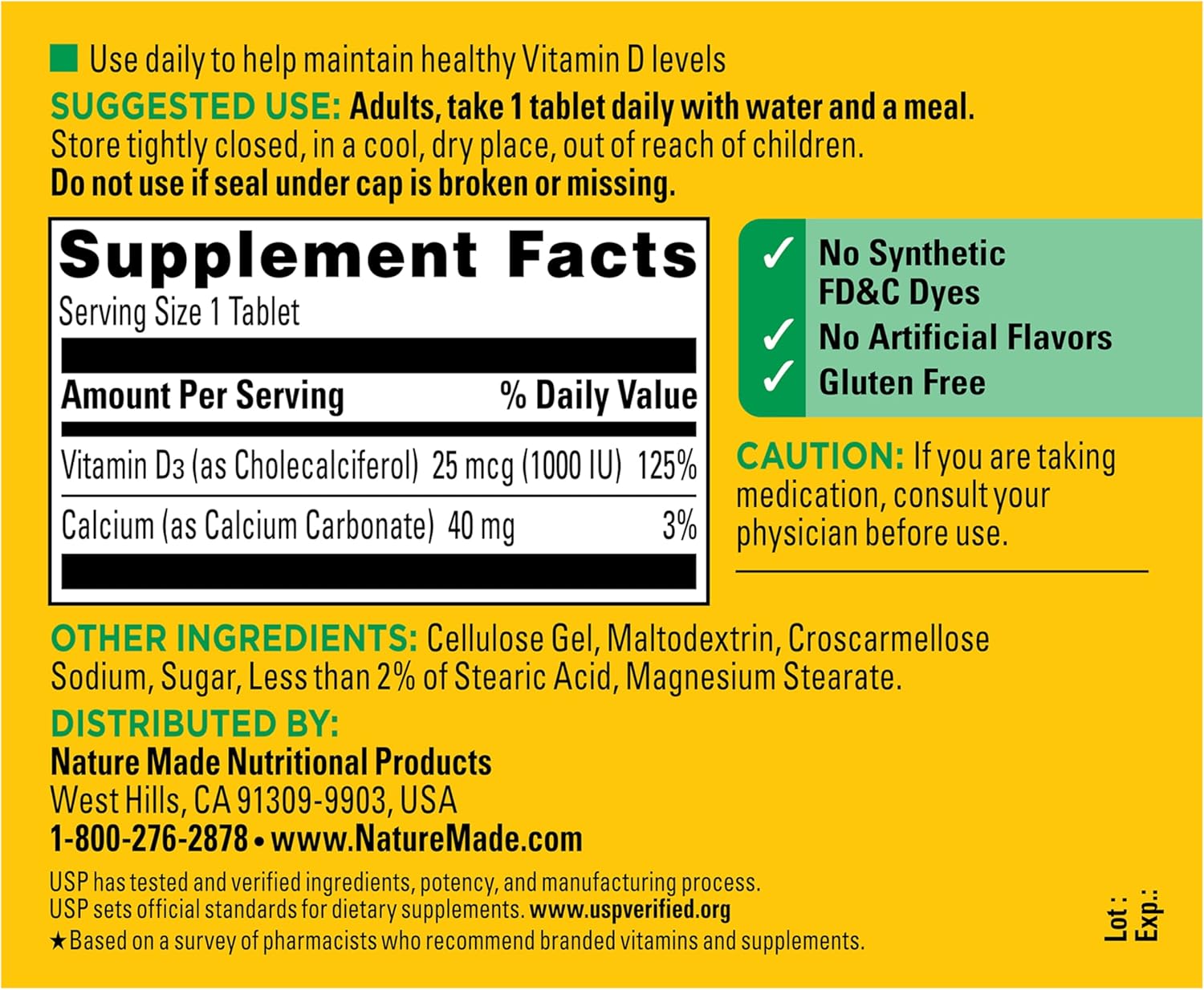 Nature Made Vitamina D3 1000 UI (25 mcg) - 300 Comprimidos