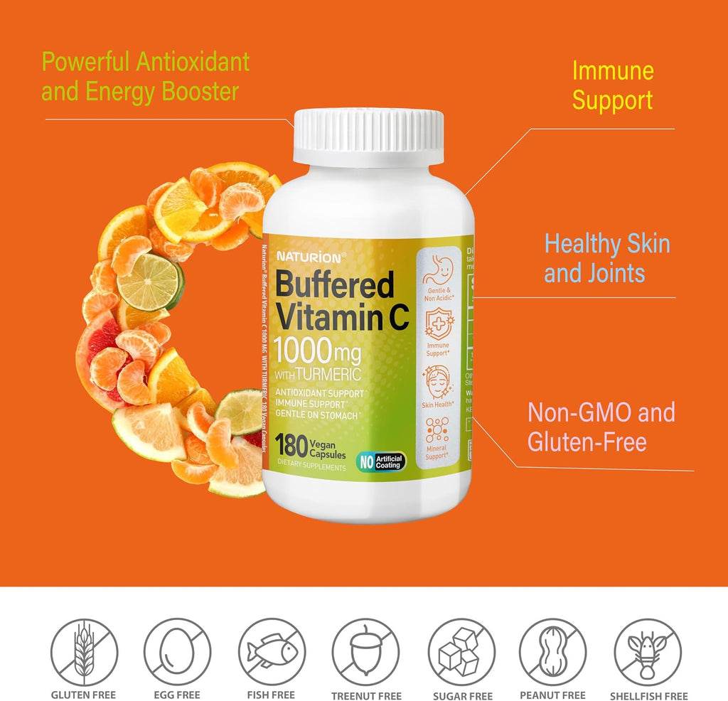 NATURION Vitamina C Tamponada 1000 mg con Cúrcuma Orgánica - 120 Cápsulas Veganas (120 Días de Suministro)