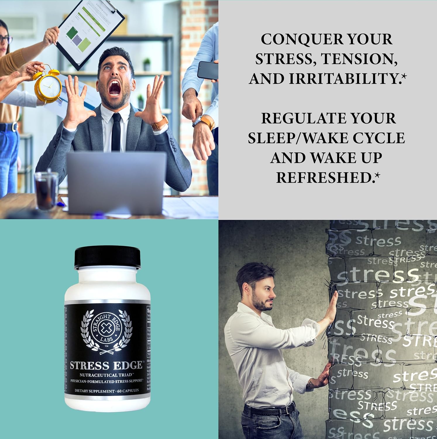 Stress Edge Suplemento para el Alivio del Estrés, Mejorador del Estado de Ánimo Natural, Formulado por Médicos, Calma Mente y Cuerpo, Mejora el Sueño, Acción Rápida, 30 Dosis