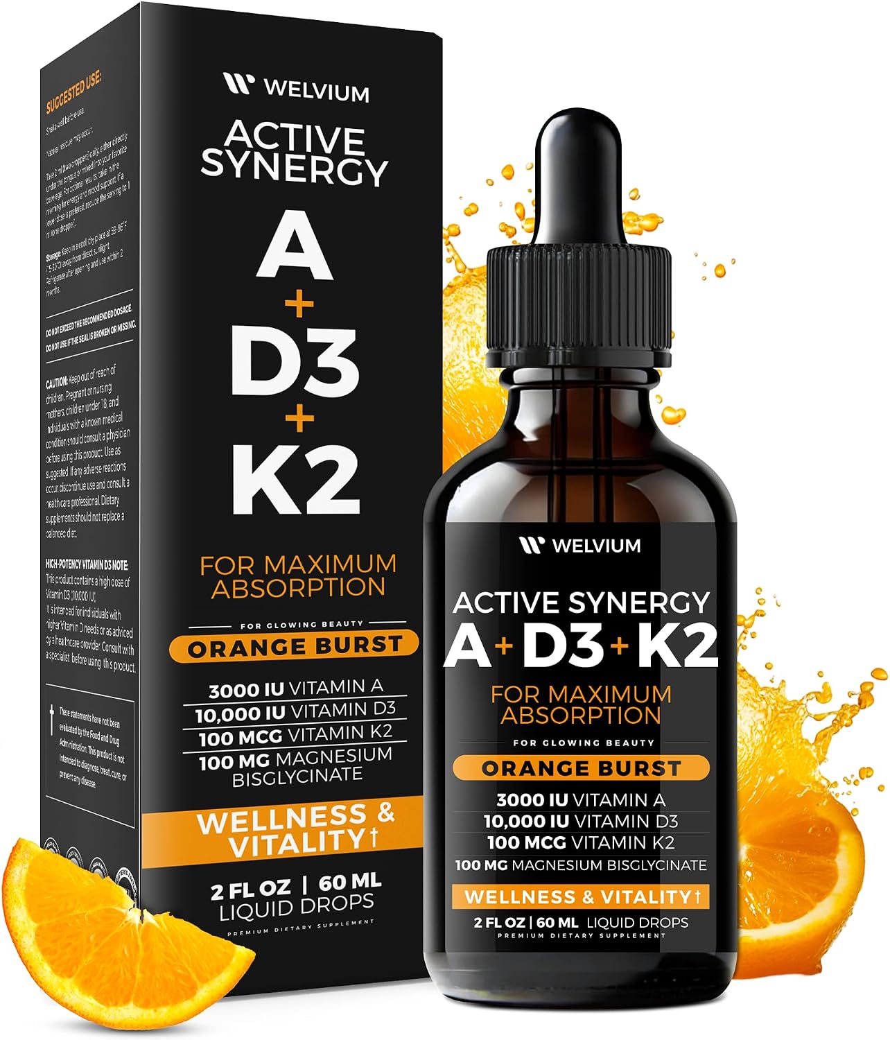 WELVIUM 7-en-1 Gotas Líquidas de Vitamina D3 K2 con Magnesio, 10.000 UI, MK-7, Vitamina A, Calcio, Aceite MCT y Lecitina de Girasol Orgánica