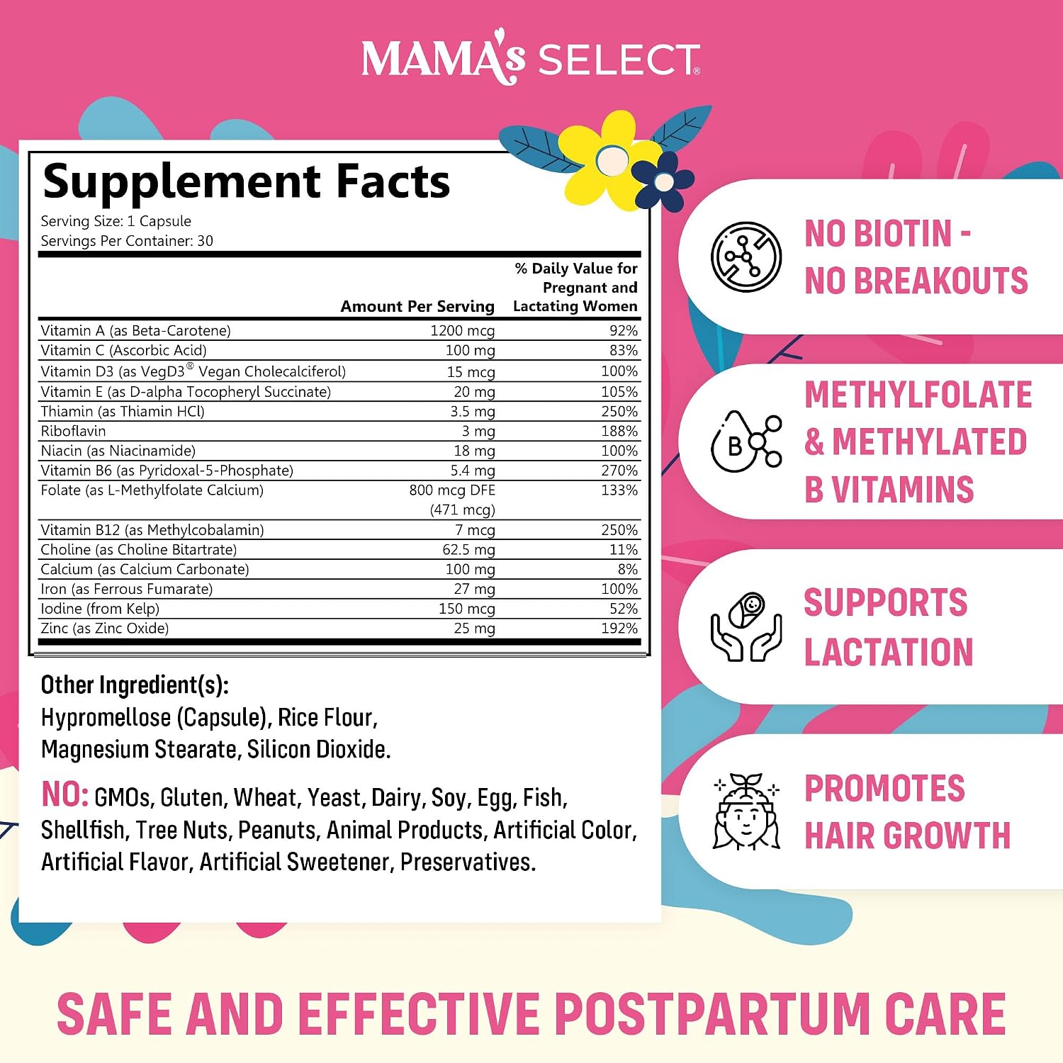 Mama's Select Vitaminas Postnatales – Multivitamínico Postparto, 30 Cápsulas