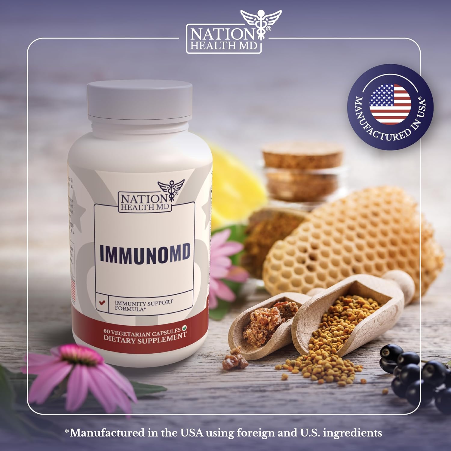 NATION HEALTH MD Complemento para el Apoyo Inmunológico con Saúco, Zinc, Vitaminas C, D3 y E - 60 Cápsulas
