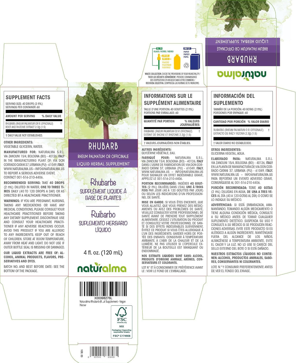 Naturalma Ruibarbo (Rheum palmatum) Tintura sin Alcohol - 118 ml Extracto Líquido en Gotas - Suplemento Herbal Vegano