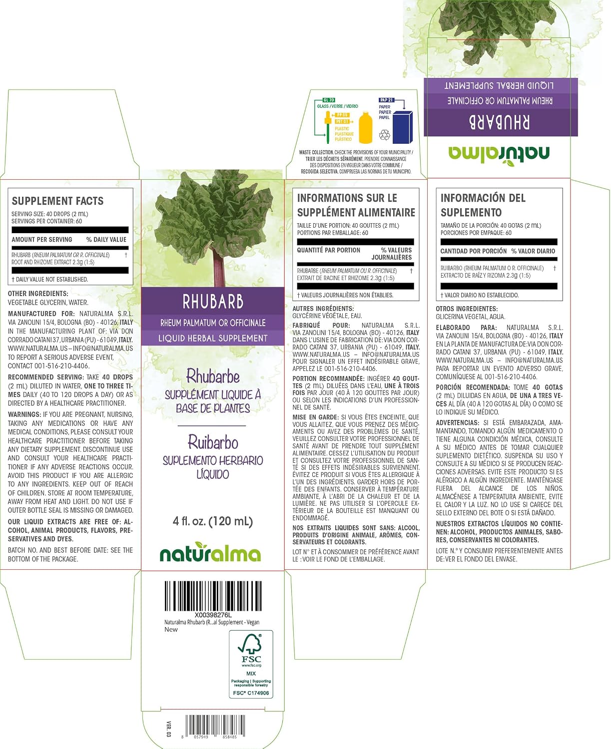 Naturalma Ruibarbo (Rheum palmatum) Tintura sin Alcohol - 118 ml Extracto Líquido en Gotas - Suplemento Herbal Vegano