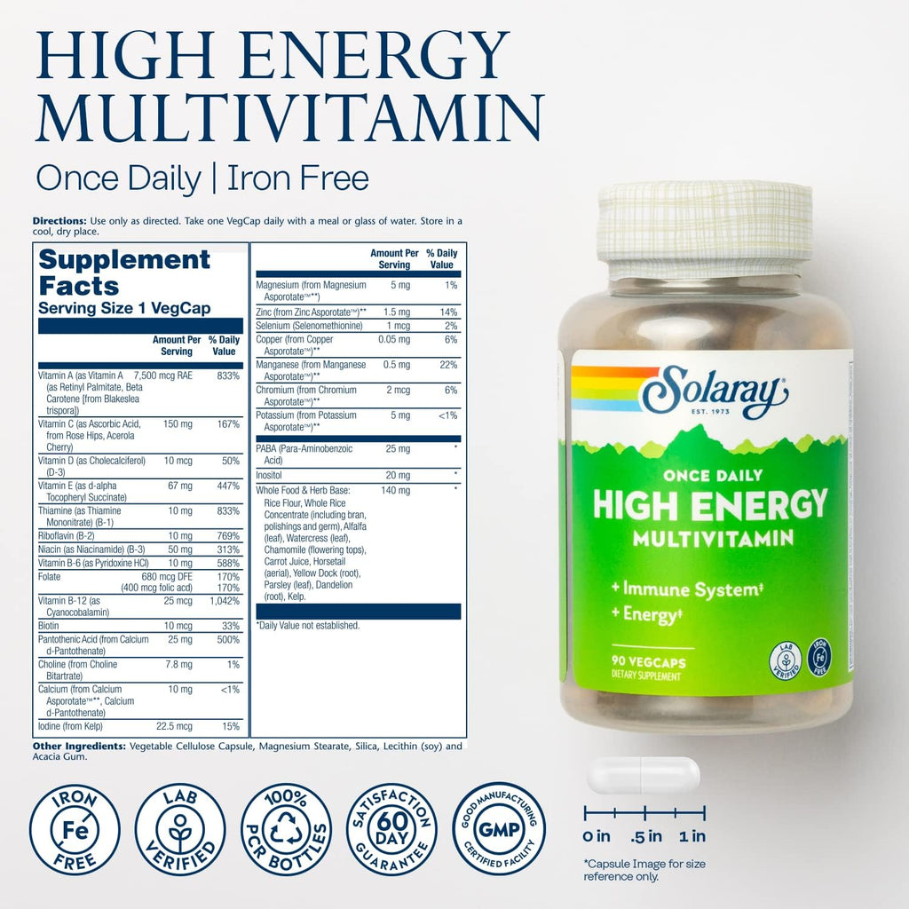 SOLARAY Multivitamínico Diario de Alta Energía, Sin Hierro, con Base de Alimentos Integrales y Hierbas, para Hombres y Mujeres, 90 Cápsulas Vegetales