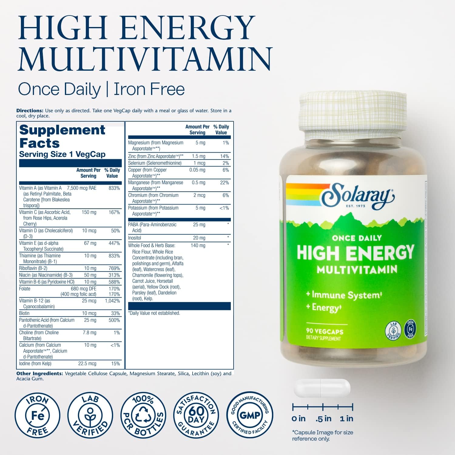 SOLARAY Multivitamínico Diario de Alta Energía, Sin Hierro, con Base de Alimentos Integrales y Hierbas, para Hombres y Mujeres, 90 Cápsulas Vegetales