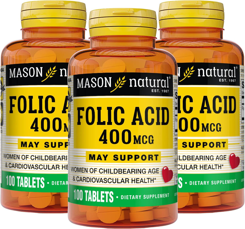Mason Natural Ácido Fólico 400 mcg, 100 Comprimidos (Pack de 3)