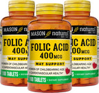 Mason Natural Ácido Fólico 400 mcg, 100 Comprimidos (Pack de 3)