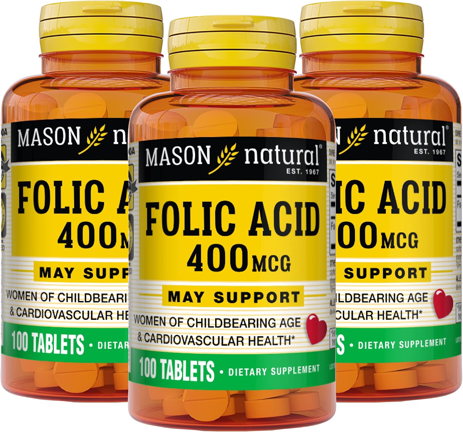Mason Natural Ácido Fólico 400 mcg, 100 Comprimidos (Pack de 3)