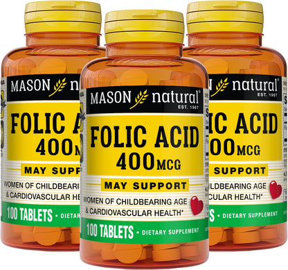 Mason Natural Ácido Fólico 400 mcg, 100 Comprimidos (Pack de 3) – Image 1