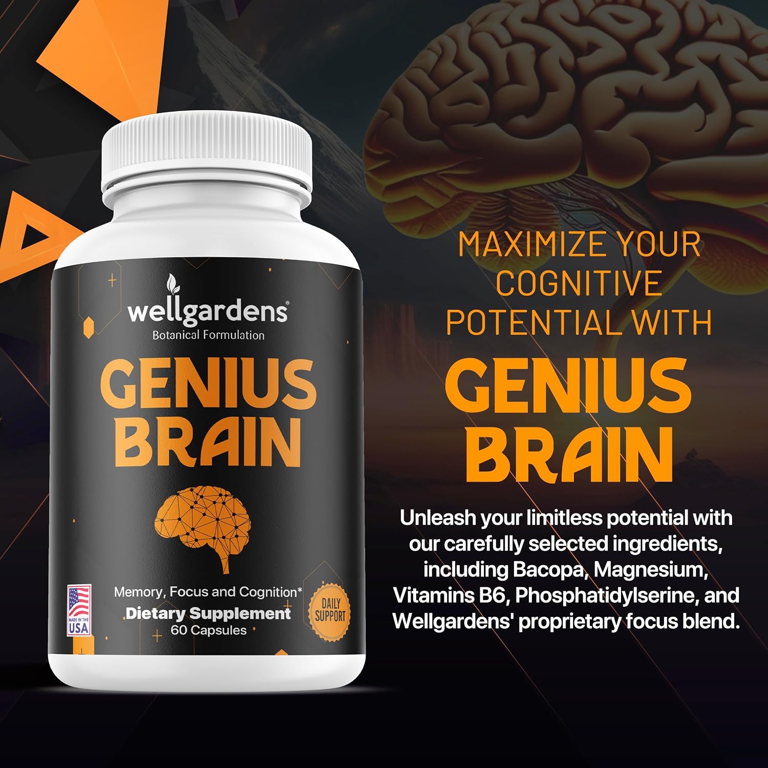 Suplemento Cerebral Puro para Memoria, Concentración y Cognición - Apoyo Diario con Bacopa, Magnesio, Vitaminas B6, Fosfatidilserina - No-GMO, Sin Gluten