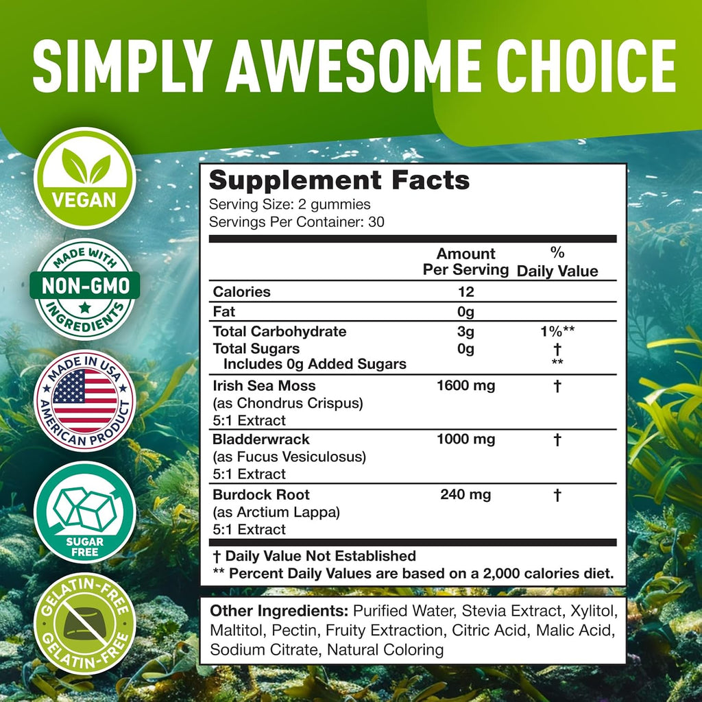 BioVit Sea Moss Gummies - Gominolas de Sea Moss Silvestre con Bladderwrack y Burdock - 60 Gominolas Veganas