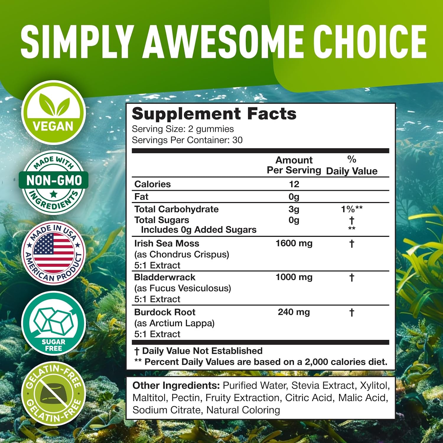 BioVit Sea Moss Gummies - Gominolas de Sea Moss Silvestre con Bladderwrack y Burdock - 60 Gominolas Veganas