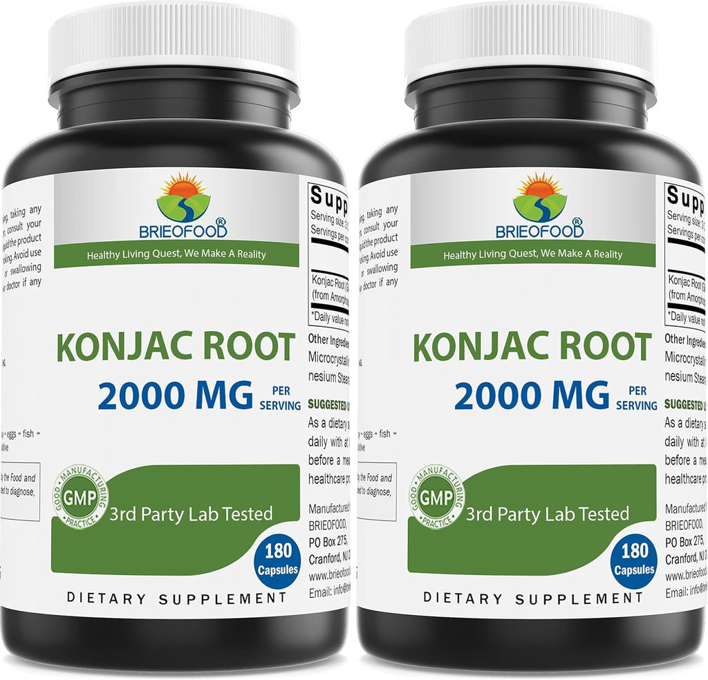 Brieofood Glucomannan de Raíz de Konjac 2000 mg por Dosis - 180 Cápsulas Vegetarianas