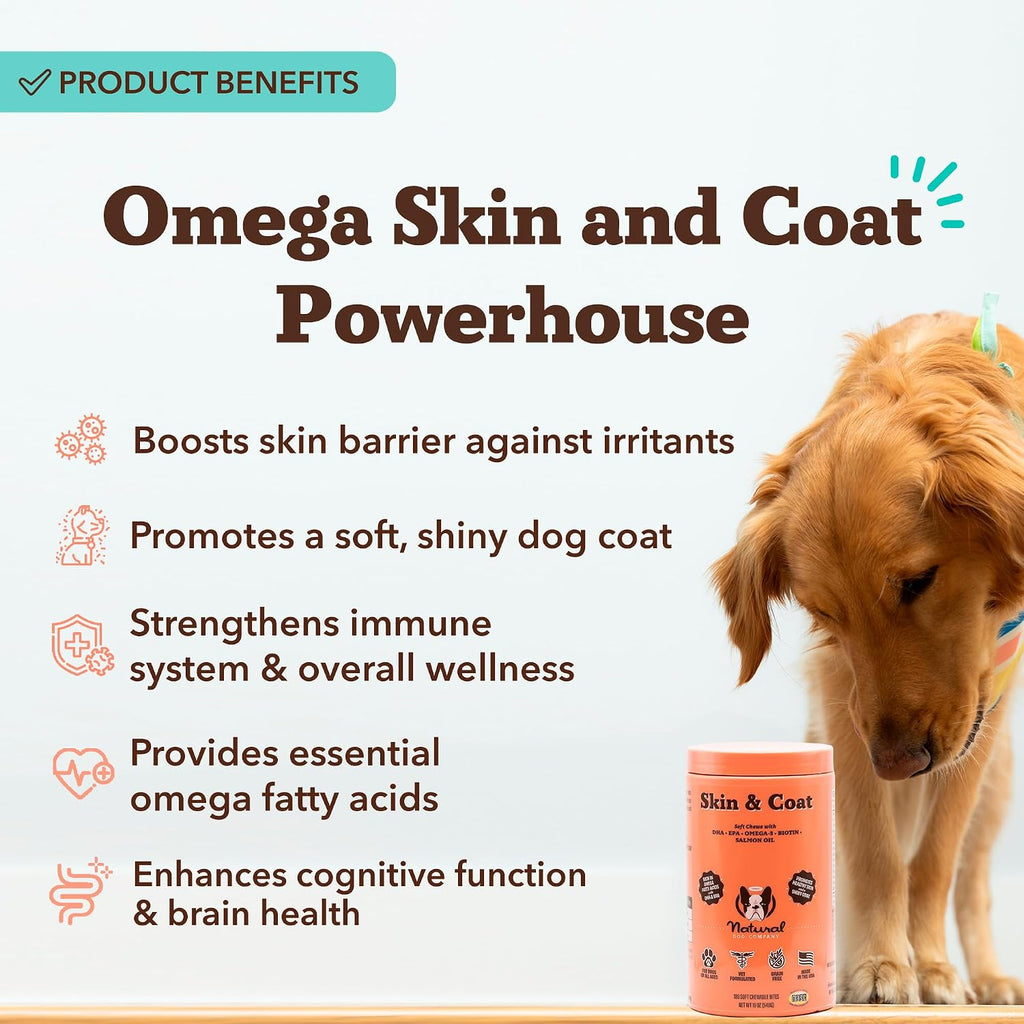 Suplemento Masticable para Perros Piel y Pelaje – Aceite de Salmón Omega 3, Biotina y Vitamina E – 180 unidades