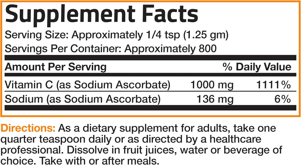 Bronson Vitamina C No Ácida en Polvo – Ascorbato Sódico No OGM – 1 kg (2.2 lbs)