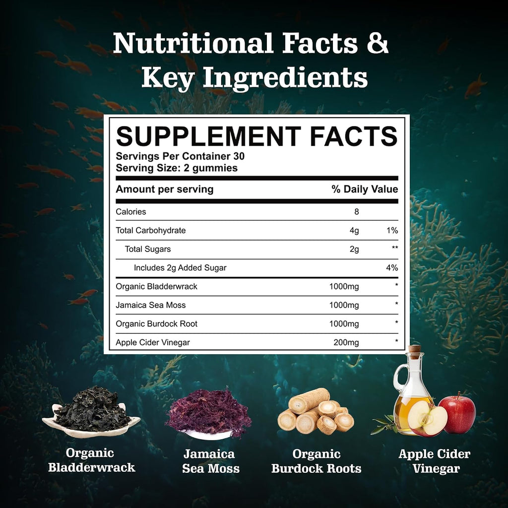 Vitastars Gominolas Orgánicas de Sea Moss con Vinagre de Manzana, Bardana y Fucus | 3000 mg, 60 Gominolas