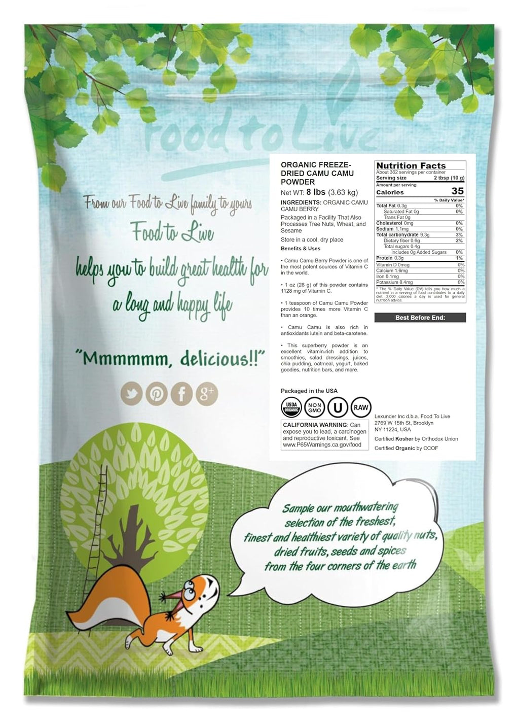 Food to Live - Camu Camu Orgánico Liofilizado en Polvo, 8 Libras - Sin OGM, Kosher, Crudo, Vegano, No Irradiado, Puro